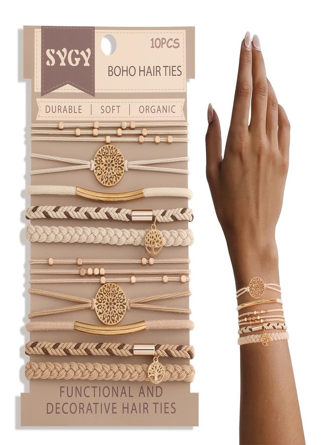 SYGY 10 Boho Bracelets, Braided & Stretch Hair Ties for Thick/Thin Hair, 5 Styles, Light Coffee Colors - No Damage Ponytail Holders - Image 1